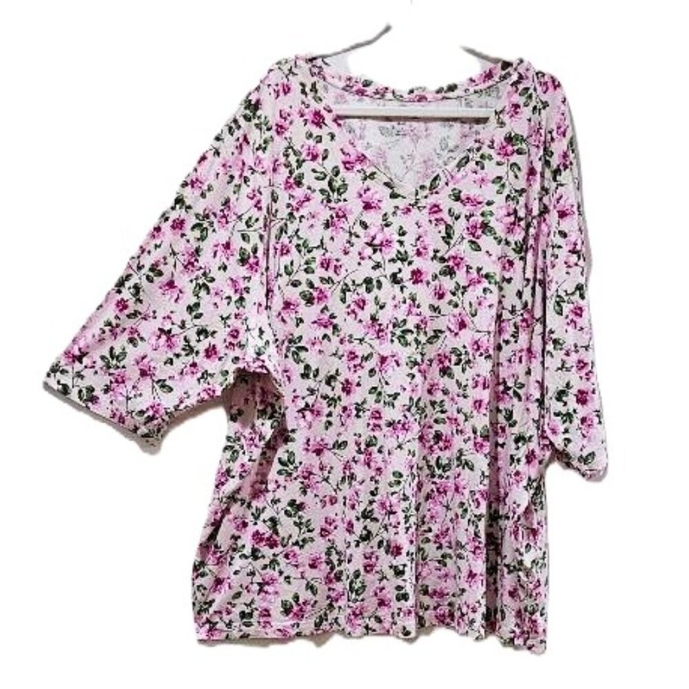 New PINK BLOSSOM VINE FLORAL V-NECK SHORT SLEEVE TEE  5X  SPRING SUMMER - Picture 2 of 6